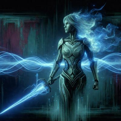 The primary subject of the image is a woman with a sword. She is wearing a metallic outfit and is surrounded by a blue and white environment. The visual style of the image is digital art, and the colors and mood convey a sense of power and strength.